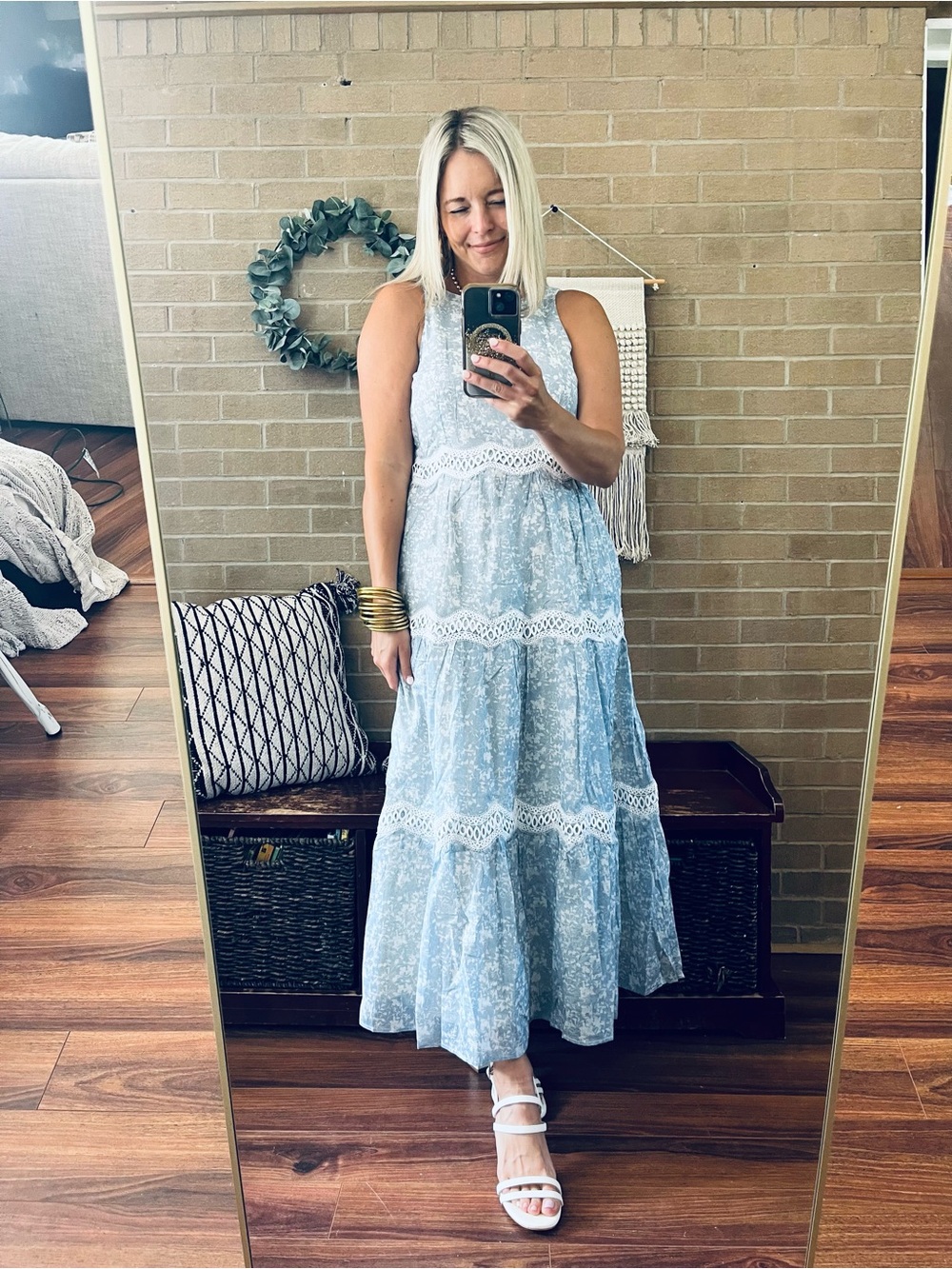 TCEC Blue and White Floral Maxi Dress with Lace Trim